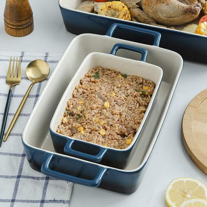 KOOV Bakeware Set, Ceramic Baking Dish, Rectangular Baking Pans Set, Casserole Dish for Cooking, Cake Dinner, Kitchen, Wrapping Upgrade, 12 x 8.5 Inches, 3-Piece (Gradient Blue)