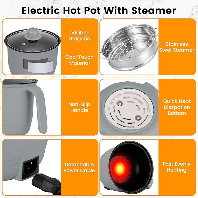Hot Pot Electric With Steamer,Rapid Ramen Cooker,1.8L Mini Portable Self Heating Electric Pot For Cooking Noodles Steak Pasta,Shabu Shabu Hotpot Pot Electric Dorm Lazy Pot,Non-Stick Gray