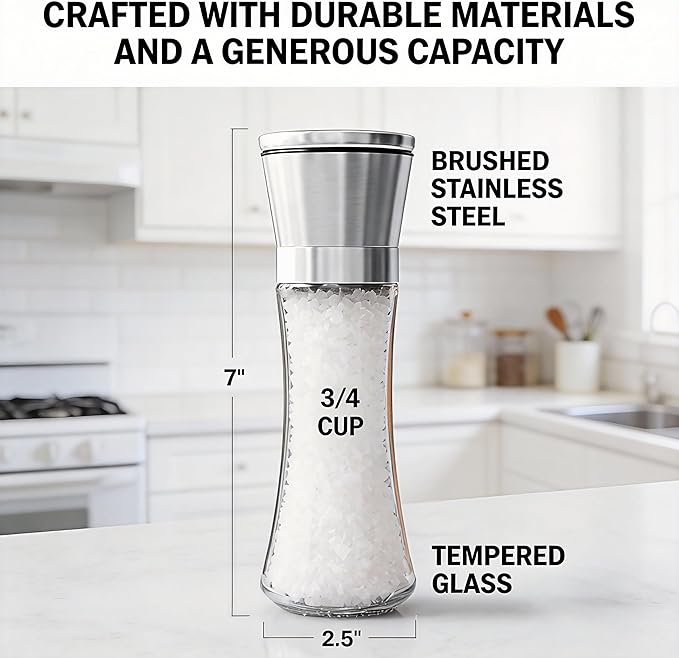 Gorgeous Salt & Pepper Grinder Set — Refillable Stainless Steel & Glass Spice Mill with Adjustable Coarseness — Perfect For Himalayan Or Sea Salts, Fresh Ground Pepper, Or Fresh Spices (1 Pack)
