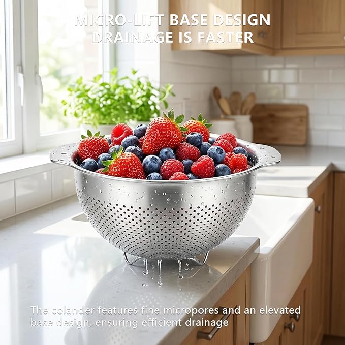 18/8 Stainless Steel Strainer and Colander for Kitchen, Large Strainers and Colanders, Food Strainers Fine Mesh with Handle for Spaghetti, Pasta, Rice, Fruit, Vegetables, Noodles (5QT)