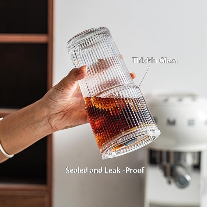 INSETLAN 6-Piece Glassware Set – 20 oz Ribbed Glass Tumblers with Lids and Glass Straws, Heavy-Duty Tumblers, Ideal for Iced Coffee, Smoothies, Cocktails, and Juices – Elegant and Durable Drinkware