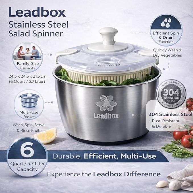 Stainless Steel Salad Spinner, 6L Heavy-Duty Lettuce Dryer with Smooth Spin Handle, Large Vegetable Washer & Fruit Rinse Bowl, Non-Slip Base