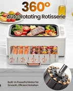 XHJ 4-in-1 Electric Indoor Grill Smokeless for Home,Countertop Electric Grill with Removable Sizzling Grill Pan & Grate + Auto Rotating Kabob Skewers + Electric Hot Dog Roller Dual Zone Cook with Lid