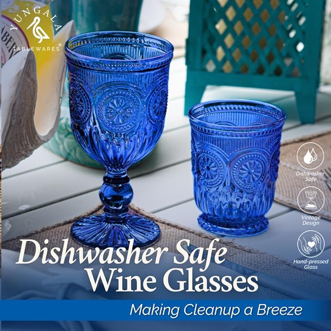 Yungala Cobalt Wine Glasses Set of 6 Goblets - Handcrafted Vintage Glassware with Sunflower Motif, Dishwasher Safe Cobalt Blue Glassware