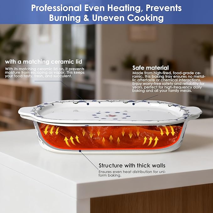 ACMLIFE Ceramic Casserole Dish with Lids for Oven, Large Baking Dish with Lid and Small Ceramic Casserole Dishes with Lid, Bakeware Set Baking Pan Lasagna Pan with Lids & Handles 4 Pcs Set (13x8 Inch+ 8x6 Inch, 2.01 Quart+0.85 Quart, Blue and White), C...