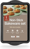 BAKKEN Kitchen Baking Pans - 15.15 x 10.03" Medium Nonstick Sheet, Durable Carbon Steel Cookie Sheet with Gray Silicone Handles, PFOA, PFOS, PTFE Free, Oven Safe Tray (Up To 450°F), Set of 1