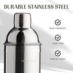 Modern Mixology 21-Piece Cocktail Shaker Set with Stand, Bartender Kit for Home Bar Accessories: 24oz Martini Shaker, Jigger, Strainer, Bar Spoon, Tongs, Opener, Muddler (Silver, Dark Brown Stand)
