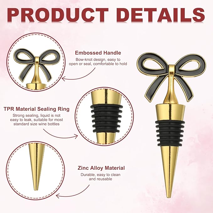 uxcell 2 Pcs Bow Wine Stopper, Reusable Wine Stoppers Airtight Leak-proof Bottle Plugs Liquor Saver Beer Beverage Glass Bottles Stopper for Bar Holiday Party Home Decor, Gold-Black