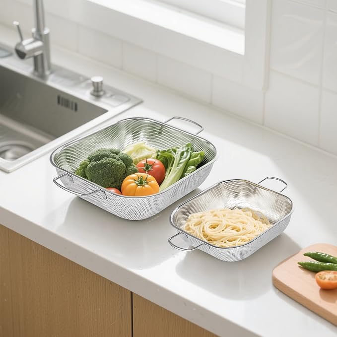 Gulex Colander Stainless Steel 3-Quart, Square Metal Strainers, Strainer for Kitchen Food, Dishwasher Safe