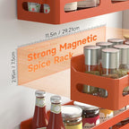 Sevenblue 4 Pack Strong Magnetic Spice Rack for Refrigerator, Multipurpose Magnetic Shelf for Fridge with 4 Hooks for kitchen and Bathroom Organization, Orange