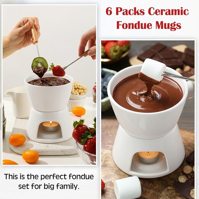 Mudder 8 Pcs Mini Fondue Pot Set with 32 Color Coded Forks Porcelain Tea Light Melting Mugs for Chocolate Cheese and Dessert Small Fondue Pot Set for Christmas Valentine's Parties Tapas Gifting