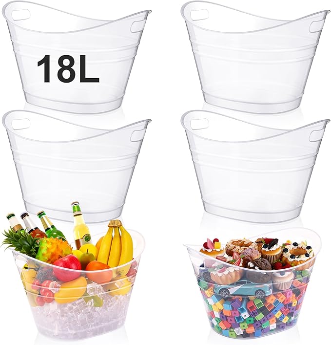 meekoo 6 Pcs Plastic Ice Buckets Bulk with Handles 4.5L Oval Storage Tub Large Capacity Ice Drink Bucket for Easter Summer Party Bar Wine Beer Champagne Beverage Bottle Cooler(18 L,Clear)