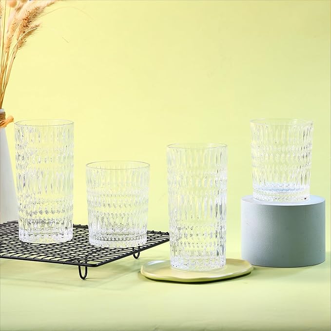 Loivttvv Glassware Drinking Glasses Set of 8, 14 oz Highball Glasses & 10 oz Ribbed Glass Cups, Vintage Glassware for Water, Juice, Cocktail, Whiskey (Clear)
