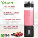 Brentwood 50-Watt 17-Oz. Portable Battery-Operated USB-Chargeable Glass Blender (Black)