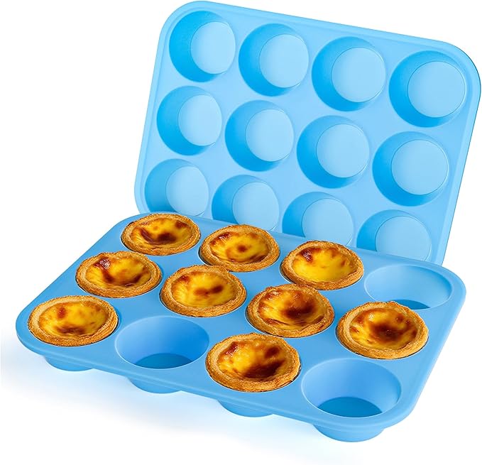 Bangp 2Pack Silicone Muffin Pans for Baking with Metal Reinforced Frame,12 Cup Regular Size Cupcake Pan,Premium Non-Stick Bend Resistance Silicone Muffin Tray for Pudding,Cakes,Tart,Egg Bites(Blue)