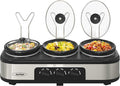 Sunvivi Triple Slow Cooker, Buffet Server & Warmer with 3 Removable Ceramic Pots, 3 Adjustable Temp Settings & 3 Metal Lid Rests, Stainless Steel, 3 * 1.5 Quarts Silver