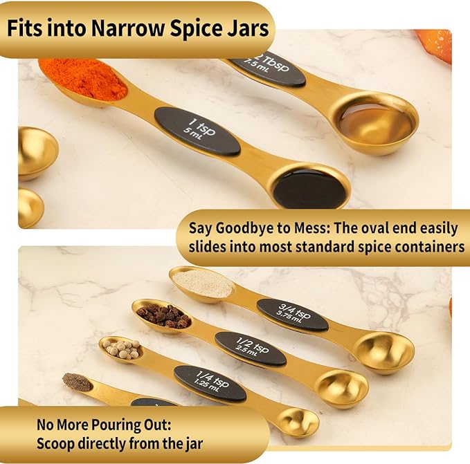 Gold Magnetic Measuring Spoons Set Stainless Steel with Leveler, Dual-Sided Stackable Metal Measuring Spoons for Baking & Cooking, Fits in Spice Jars, Heavy Duty Kitchen Gadgets, 8 Spoons & 1 Leveler
