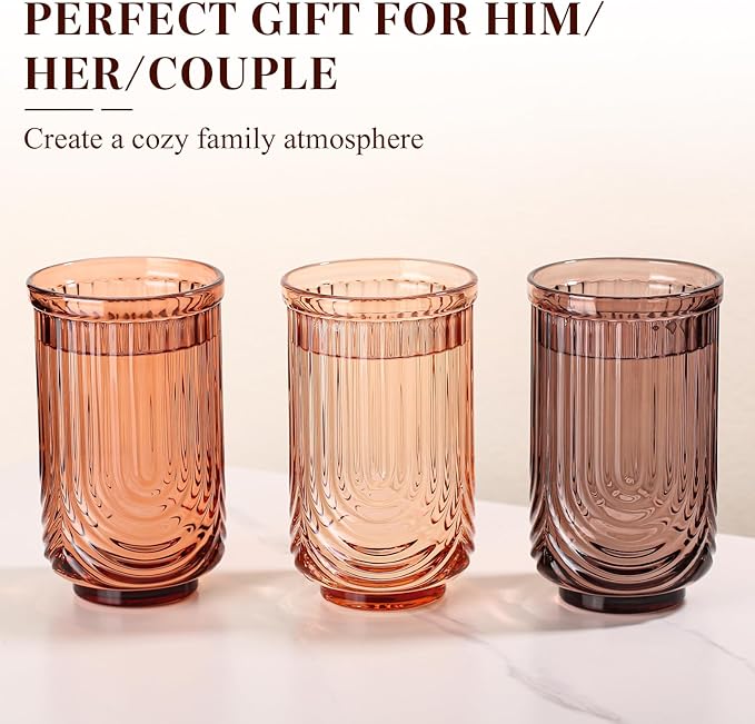 Venus Vintage Drinking Glasses Set of 6-17oz Hand-Blown Highball Ribbed Glassware, Arch Design Cocktail Glasses for Whiskey Water Beverages Ice Coffee Juice Milk