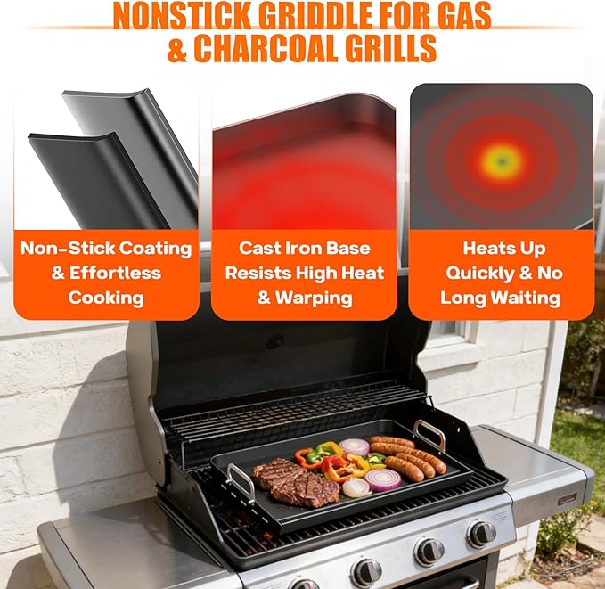 23" x 16" Cast Iron Nonstick Grill Griddle for Gas & Charcoal Grills, Flat Top BBQ Griddle Plate with Grease Groove & Removable Handle, Universal Fit for Outdoor & Home Cooking, Tailgating
