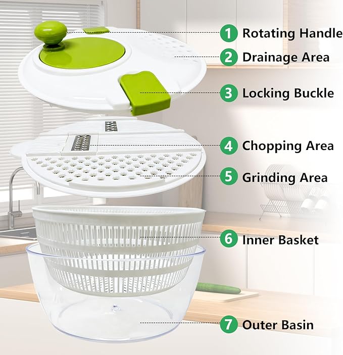 Salad Spinner Large,Vegetables Fruits Wash Bowl, Lettuce Spinner with 4 Blades Slicer,Salad Dryer for Washing