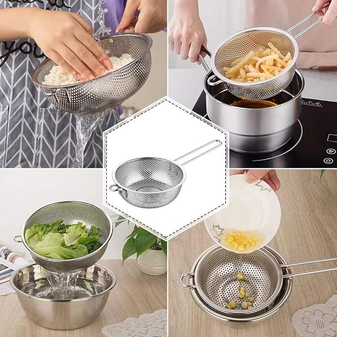 Stainless Steel Colander Fine Mesh Colander with Long Handle Micro-Perforated Colander Metal Strainer Kitchen Food Strainer for Fried Food Vegetable Fruit