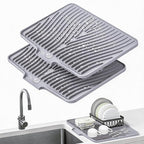 TIKNIK Silicone Dish Drying Mat, Stone Drying Mat for Kitchen Counter with Built-In Drain, Non-Slip Drain Pad with Built-in Drain, Heat Resistant Stone Drying Mat, Hangable, Grey-2pcs, 16" x 12"