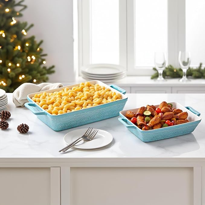 Hacaroa Set of 3 Ceramic Baking Dishes, Rectangular Bakeware with Handles, Elegant Casserole Dish Set Lasagna Pan for Baking, Cooking, Cake Dinner, Banquet, Lake Blue, 3 Sizes