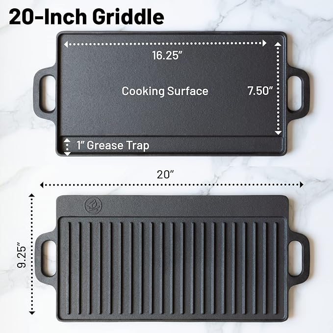 20 x 9 inch Large Reversible Seasoned Cast Iron Grill / Griddle