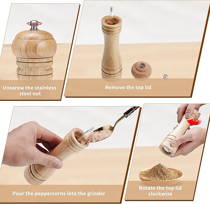 Gulex® Wood Pepper Grinder Pepper Mill,Adjustable Coarseness 8 Inch Wooden Peppermill, Ceramic Grinding Mechanism Salt Mill Refillable (1 pack) (Light-1PC)