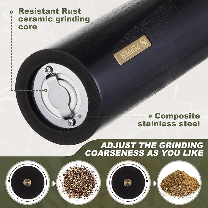 Wooden Salt and Pepper Grinder Set Manual Salt and Pepper Mill with Tray Adjustable Coarseness Refillable Wood Grinders with Gold Bottle Label for Kitchen (Black,White,8 Inch)