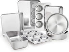 TeamFar Stainless Steel Bakeware Set of 8, Baking Roasting Toaster Oven Pans, Lasagna/Square/Round Cake Pan, Loaf Pan & Muffin Pan, Non-Toxic & Sturdy, Smooth & Dishwasher Safe