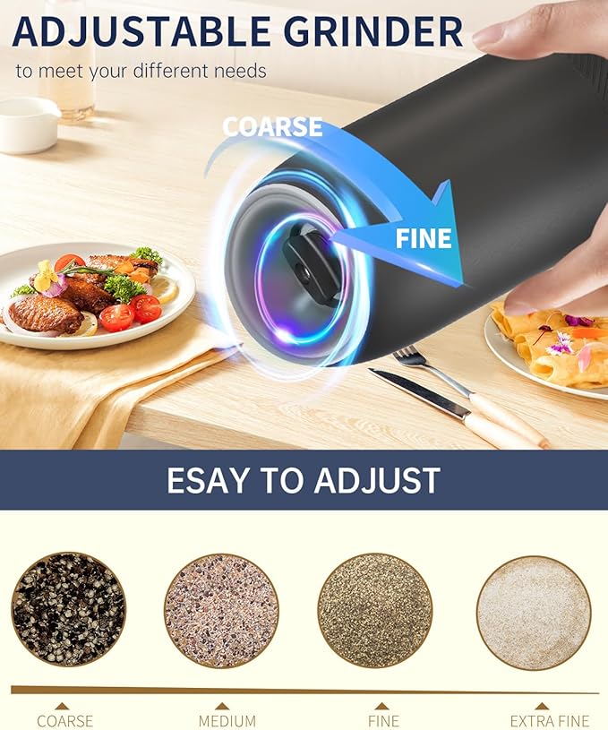 CIRCLE JOY Gravity Electric Salt and Pepper Grinder Set, Battery Powered Automatic Pepper Mills with Adjustable Coarseness, One Hand Operation, 176ml Large Container, Black - Includes 8 Batteries