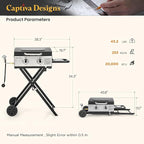 Captiva Designs 17 Inch 2 Burner Portable Propane Gas Griddle Grill with Lid, Outdoor Foldable Flat Top Grill with Stand for Barbecue, Camping and Tailgating
