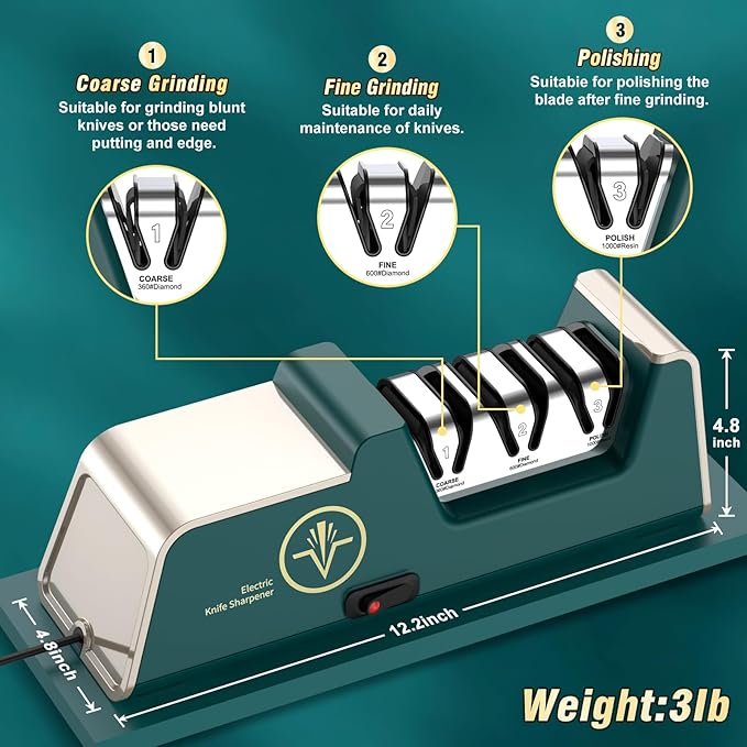 VIDOME Professional Electric Knife Sharpener with 100% Diamond Abrasives, 3-Stage Precision Angle Guides, Champagne Gold, for Kitchen Straight Edge and Ceramic Knives