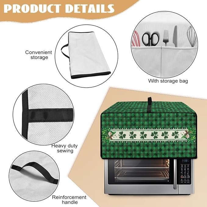 Shamrock Gnome Dog Print Toaster Oven Cover for St. Patrick's Day Decor, Checkered Pattern Microwave Cover for Kitchen Countertop Appliance Dust Protector Oven Accessories, Green, L