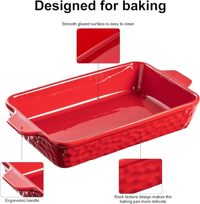 Dafuceramic Casserole Dishes for Oven, Baking Dishes, Ceramic Bakeware Sets of 4, Rectangular Baking Pan Set with Handles for Baking, Casserole, Kitchen, Wedding Gift (Red)