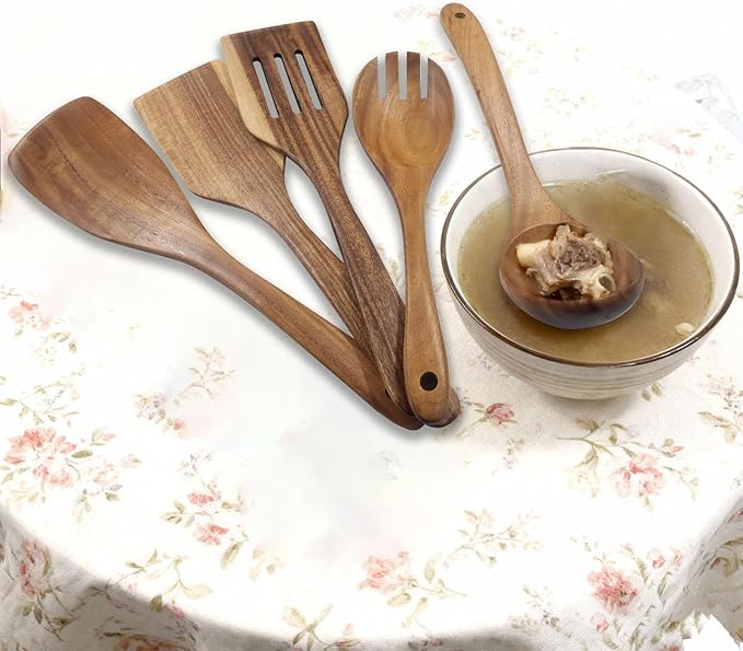 5 Pcs Natural Teak Wood Spatulas, Nonstick Wooden Spoons Premium Cooking Utensils, Heat Resistant Kitchen Utensil Set for Nonstick Cookware/Cooking Gifts