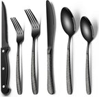 EWFEN 24-Piece Black Silverware Set with Steak Knives, Black Flatware Set for 4, Food-Grade Stainless Steel Tableware Cutlery Set, Mirror Finished Utensil Sets for Home Restaurant, Round Hammered