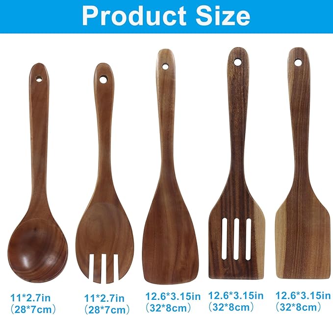 5 Pcs Natural Teak Wood Spatulas, Nonstick Wooden Spoons Premium Cooking Utensils, Heat Resistant Kitchen Utensil Set for Nonstick Cookware/Cooking Gifts