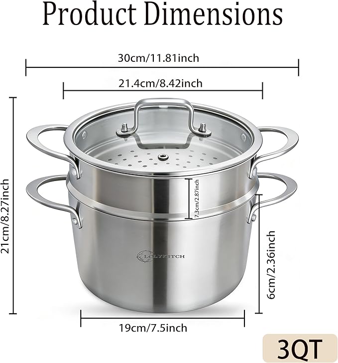 LOLYKITCH 3 Quart Stainless Steel Steamer Pot with Glass Lid, 3-Ply Steaming Pot for Cooking, 2 Tier Induction Steamer Pot for Tamales Seafood Vegetables Dumplings Stock Pot, Thick