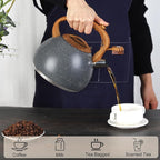 Tea Kettle, Vegoran 100 OZ / 3 Liter Whistling Tea Kettle, Tea Pots for Stove Top Food Grade Stainless Steel with Wood Pattern Folding Handle, Loud Whistle Kettle for Tea, Coffee, Milk (Gray)