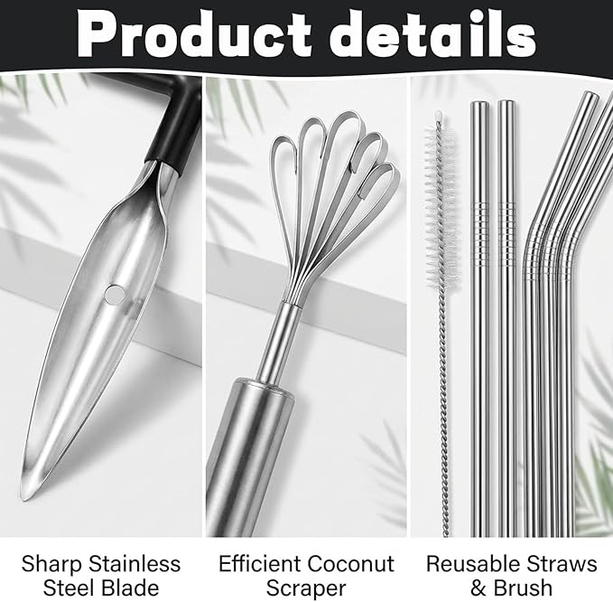 Coconut Opener Tool, 8-Piece Coconut Cutter Set with Stainless Steel Openers and Grater for Easy Coconut Preparation, Includes 4 Straws and Cleaning Brush for Complete Coconut Experience
