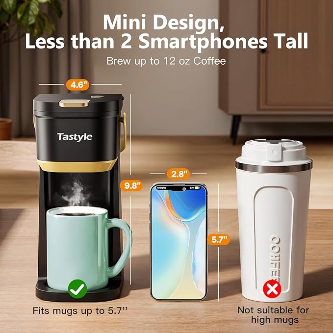 Tastyle Single Serve One Cup Coffee Maker, for K Cups and Grounds, Mini Coffee Maker with Portable Handle, 6 to 12 Oz Brew Size, for Travel, Camping, Office, RV and Dorm, 120V, Black and Gold