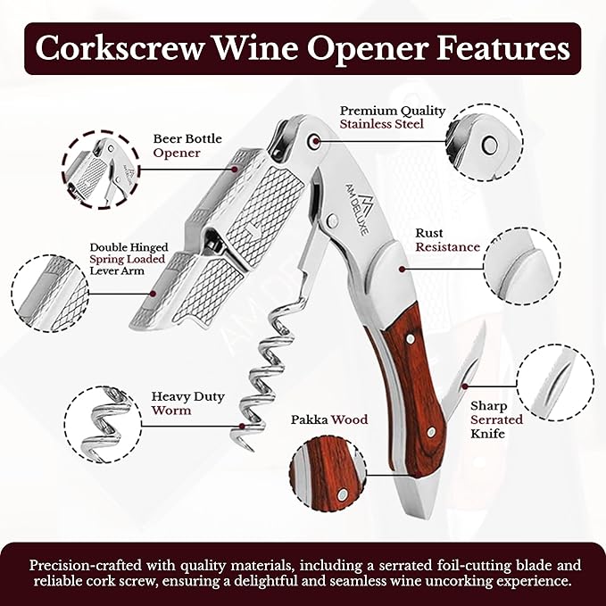 Waiters Corkscrew Wine Opener - Double-Hinged Fulcrum 3-In-1 Cork Screw Wine Bottle Opener Heavy Duty Stainless Steel & Pakka Wood. Serrated Foil Cutter. Beer Opener. Magnetic Gift Box