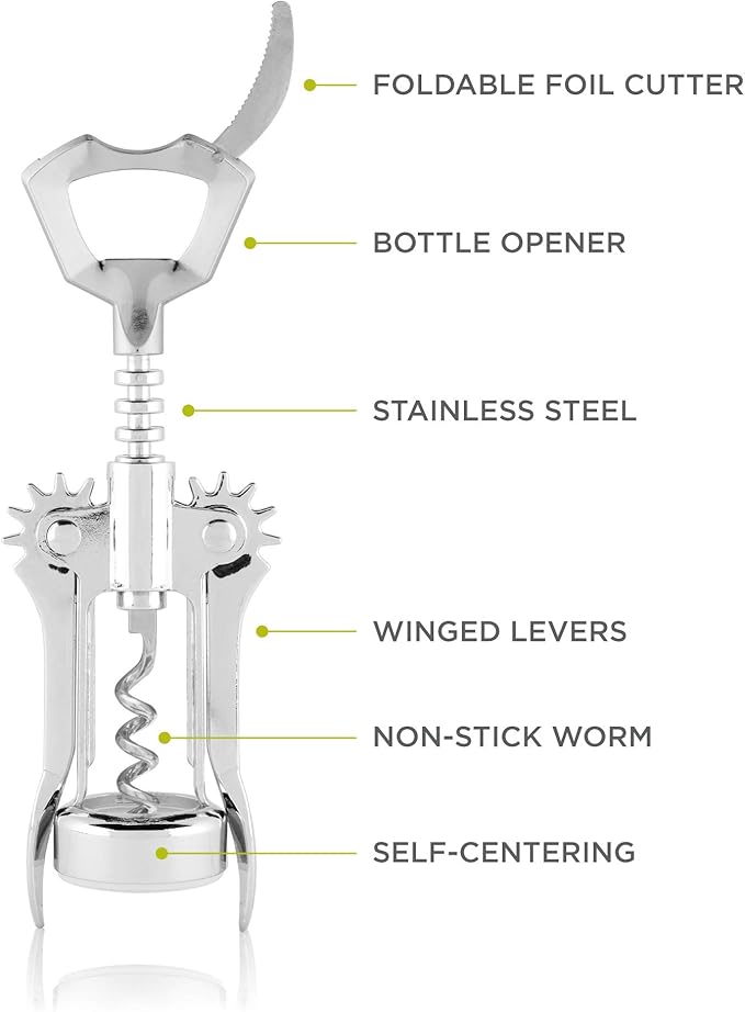 True Glider Winged Corkscrew Wine Opener with Foil Cutter, All in One Bottle Opener for Beers and Soft Drinks, Stainless Steel and Plastic with Sharp Screw, for Home Bar, Kitchen, Set of 1, Silver