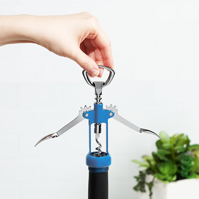 True Soar Winged Corkscrew Wine Opener, Multi-Purpose Bottle Opener for Beer and Soda, Stainless Steel with Chrome Finish, Easy to Remove Cork for Bartenders, Home Bar, Kitchen, Set of 1, Blue