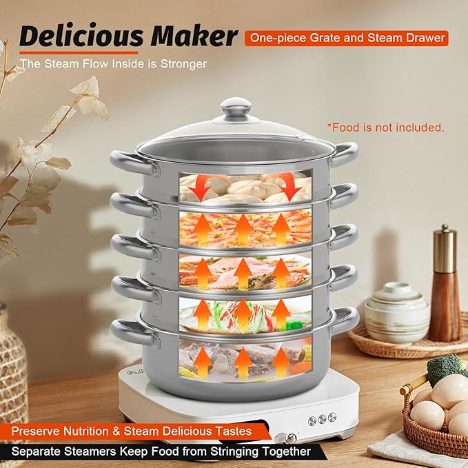 5-Tier Stainless Steel Steamer, 11.81 Inch Commercial Multi Tier Stainless Steel Cookware Pot Vegetable Meat Steamer Cooker Set w/Glass Lid for Steaming Shrimp & Miscellaneous Grains