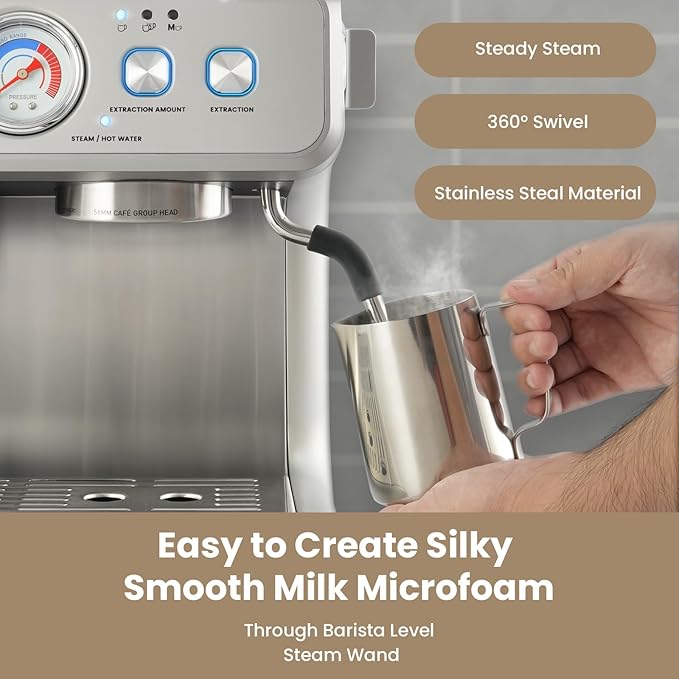 Gevi Dual Boiler Espresso Machine with Built-in Grinder, 58mm Commercial Portafilter, Barista Steam Wand, 31 Grind Settings, Stainless Steel, for Home Barista Use, Sterling Silver