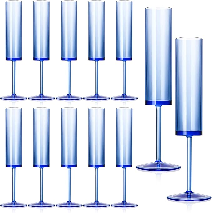 12 PCS Sapphire Blue Plastic Champagne Flutes 5.4 OZ Clear Acrylic Champagne Flutes Sparkling Wine Glasses Long Stem Crystal Champagne Glasses For Wedding Baby Shower Anniversary Party