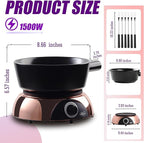 Artestia Swiss Design 2-QT Electric Fondue Pot for Meat, 1500W Ceramic Chocolate Melting Pot with Adjustable Temperature, 6 Fondue Forks, White Ceramic Pot with Rose-Gold Base (Black)